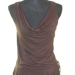 Dark Brown Elfin-style Sleeveless Cowl Neck Drop Tie Waisted Tunic Top